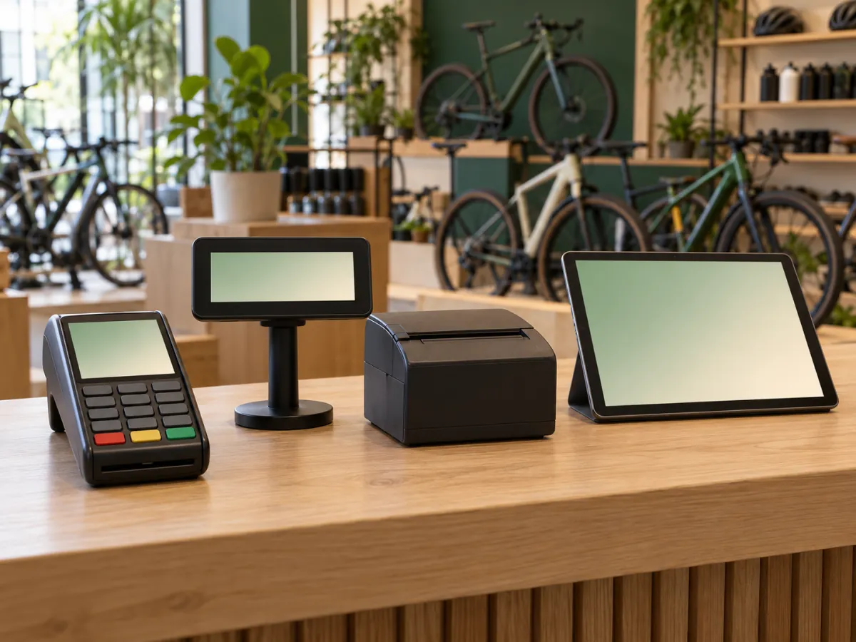 Verkaufstresen eines Fahrradgeschäfts mit Kartenterminal, Kundendisplay, Bondrucker und Tablet.