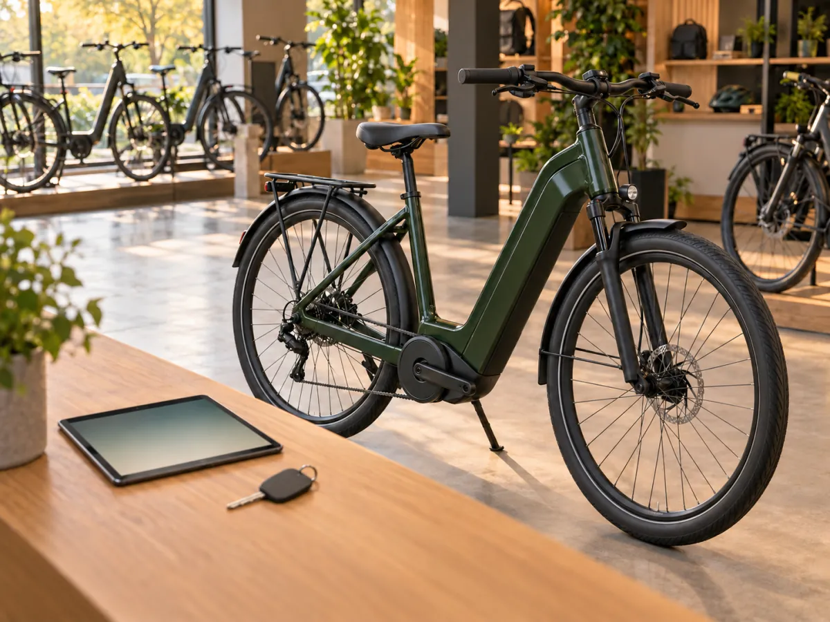 Ein neues E-Bike steht abholbereit an einem Verkaufstresen, daneben Tablet und Schlüssel.