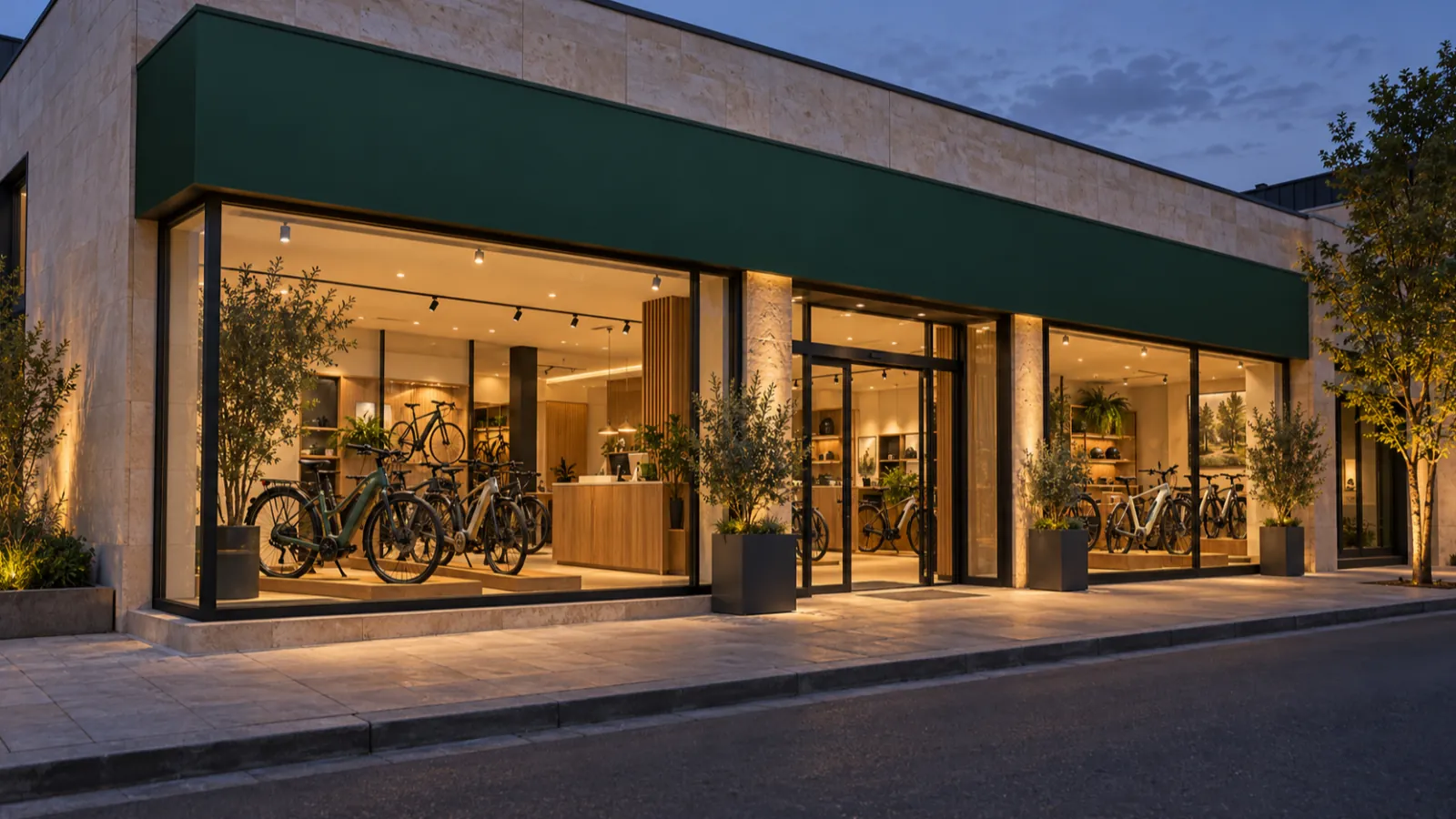 Fassade eines modernen Fahrradgeschäfts in der Abenddämmerung mit erleuchteter Glasfront.