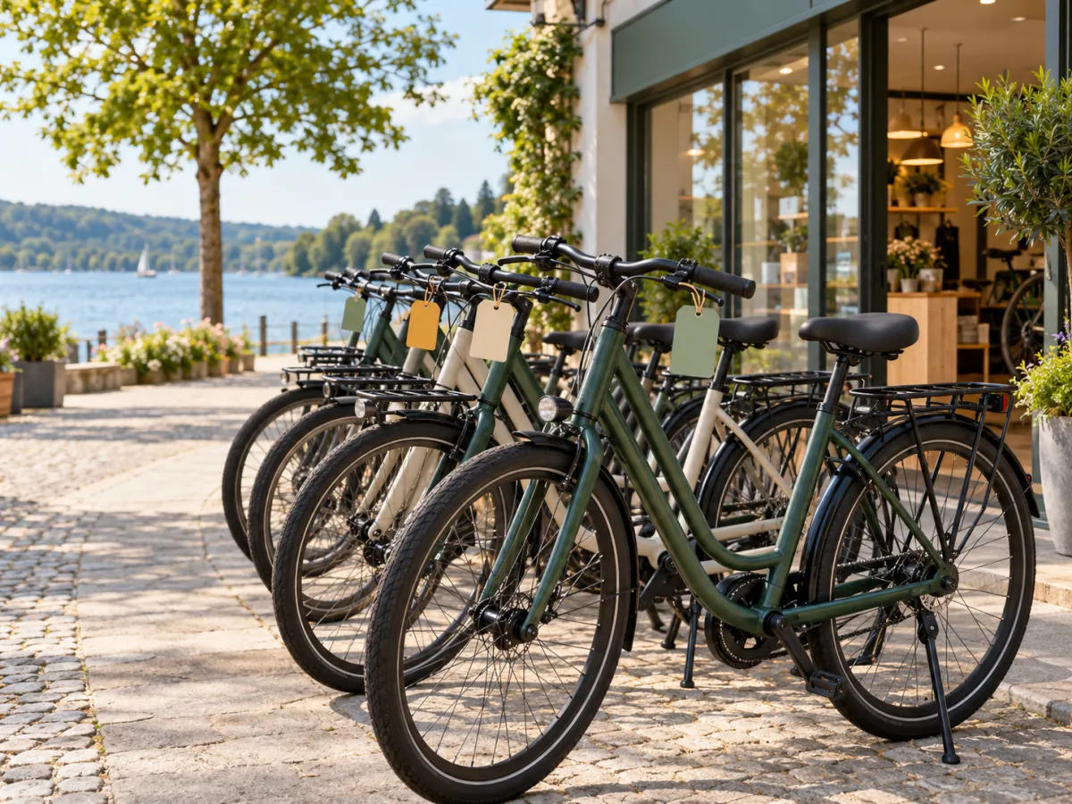 Reihe von Mieträdern mit Anhängern am Lenker vor einem Fahrradgeschäft an einer Uferpromenade.